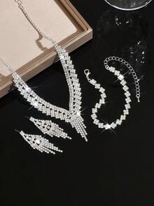 Conjunto de joias para noivas com 3 peças | Colar com pingente de cristal em formato de V, brincos e pulseira | Material: Cobre | Acessórios para festas e ocasiões formais (Ideal para o Dia dos Namorados/Dia das Mães) - Multicolorido - Ver 5