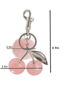 1个樱桃造型钥匙扣包饰 - 汽车樱桃配饰钥匙圈，女士圣诞节/情人节礼物（尺寸：4.3英寸/10.92厘米 x 2.6英寸/6.6厘米，樱桃尺寸：1.18英寸/3厘米） - 銀粉櫻桃毛球 - 查看 2