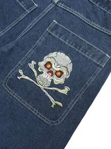 Men's Fashion Street Style Large Pocket Casual American Loose Wide Leg Comfortable Skull Embroidered Denim Jeans, Autumn/Winter - Medium Wash - View 6