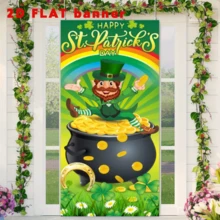 2D平面图：圣帕特里克节快乐！一顶饰有幸运绿三叶草和春日彩虹背景的帽子，以及一条印有仙女和金币罐的横幅。适合爱尔兰节日派对装饰。 - 1件 - 查看 6