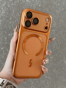 1pc Electroplated Luxury Matte Semi-Transparent Magnetic Phone Case, Compatible With IPhone 17 Pro Max, 17 Pro, 17 Air, 17 Pro Max, Supports Magnetic Wireless Charging, Shock-Resistant Back Cover Compatible With IPhone 16 Pro Max, 16 Pro, 16 Plus, 15 Pro Max, 15 Pro, 14 Pro Max, 15, 14, 13 Pro Max, 12/12 Pro Max, 13 - Orange - View 4