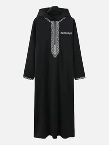 穆斯林男士长袖刺绣连帽拉链长袍，Qamis 男士款，伊斯兰宽松休闲男士长袍，四季皆宜，面料柔软 - 黑色 - 查看 3