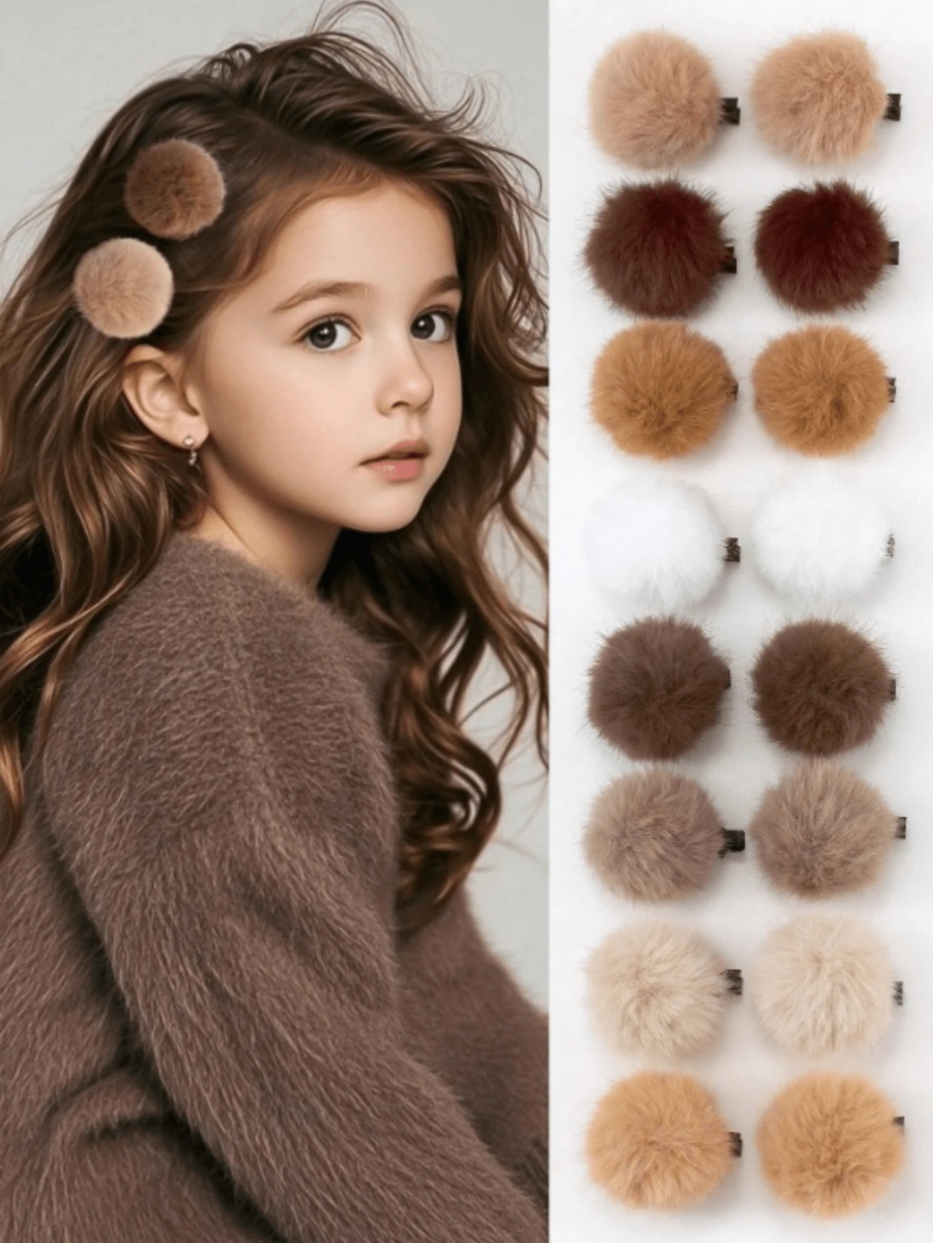 8 piezas Clips de pelo con bolas esponjosas de colores otoñales/invernales aleatorios, lindos clips para flequillo lateral esponjoso, accesorios de pelo de peluche simples para niñas - Multicolor - Ver 1