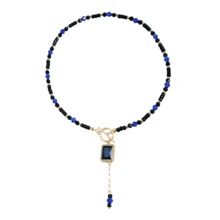 蓝黑串珠项链，拼接风格蓝色水钻吊坠项链 - 黑紫色 - 查看 6