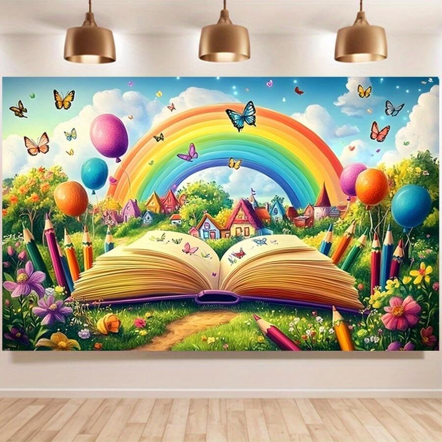 1pc Whimsical Rainbow & Butterfly Party Banner - Vibrant Polyester Back To School Decor, Home & Room Wall Decoration, Great For Photo Props And Seasonal Celebrations - Multicolor - View 1