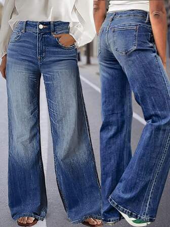 新款女士直筒阔腿舒适休闲可机洗弹力牛仔裤