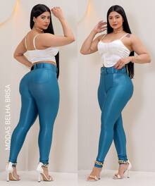 Women's Faux Leather Pants With Belt And Back Pocket. - Xanh dầu mỏ - Xem 5