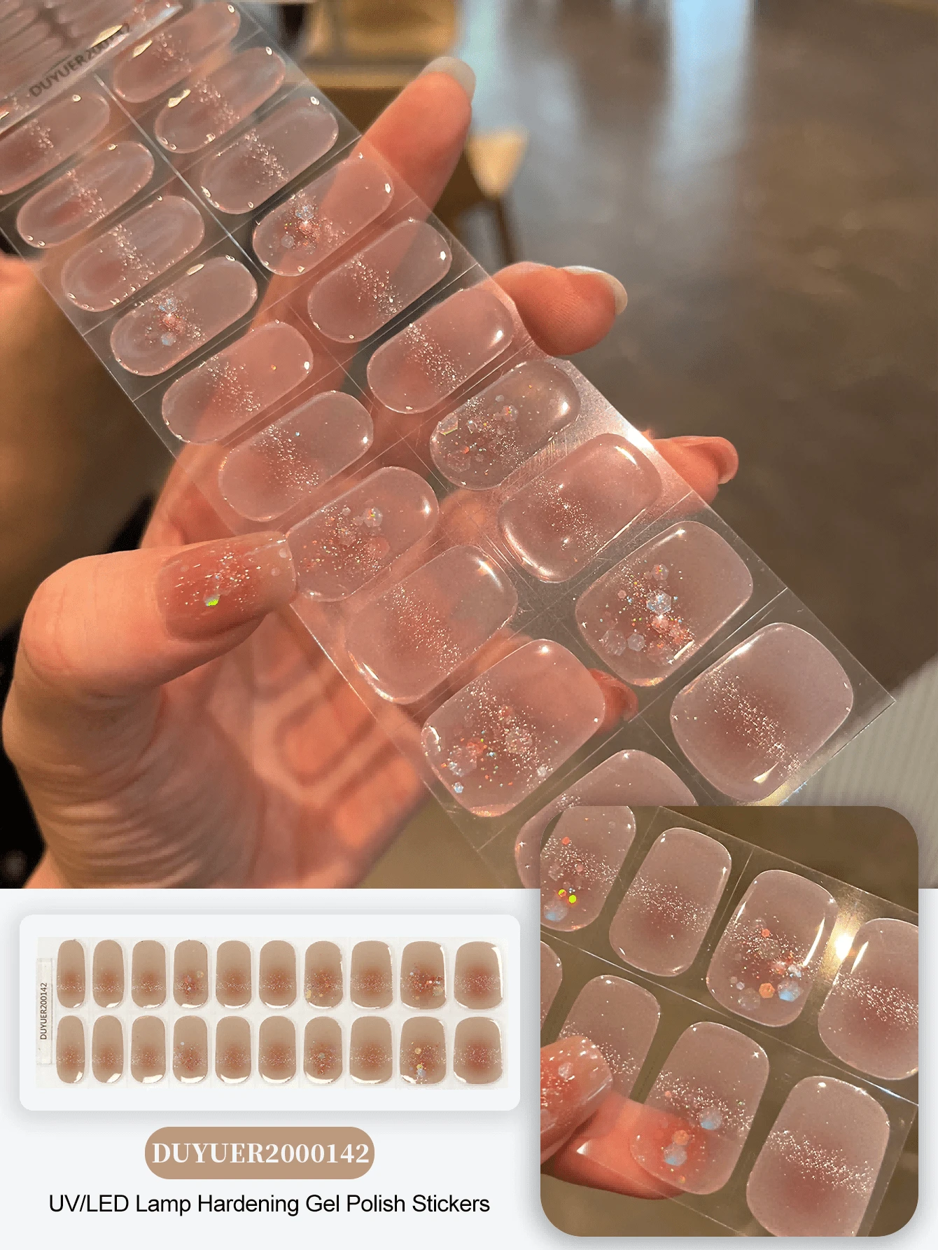 Miếng dán móng tay gel đã được xử lý, nền trong suốt, 20 miếng dán móng tay gel, cần đèn UV, chất lượng salon, bền lâu, ES20 Bán buôn xuyên biên giới, giao hàng trực tiếp, sách đỏ, miếng dán móng tay cùng kiểu, miếng dán móng tay cho đầu ngón tay. - Màu be - Xem 1