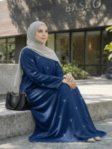 OENY | Đầm Kaftan dài bằng chiffon thanh lịch dành cho nữ, tay dài, được trang trí bằng họa tiết nơ thêu tinh tế, kiểu dáng cổ tròn giản dị, thích hợp cho mùa xuân. - Màu xanh hải quân - Xem 3