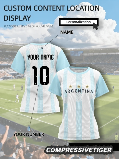 Camiseta de fútbol de manga corta personalizada de la Copa Mundial Argentina 2026 - Camiseta de fútbol personalizada para mujer, con nombre y número imprimibles, adecuada para deportes y uso casual, parte superior deportiva transpirable para fútbol, baloncesto, correr, atuendo de aficionado deportivo, también un regalo ideal para Halloween, Acción de Gracias, Navidad y Año Nuevo de verano
