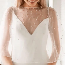 珍珠点缀薄纱披肩，完美适合伴娘及各种场合，串珠婚纱披肩，短款全珍珠披肩，女士薄纱斗篷，新娘披肩 - A - 查看 1