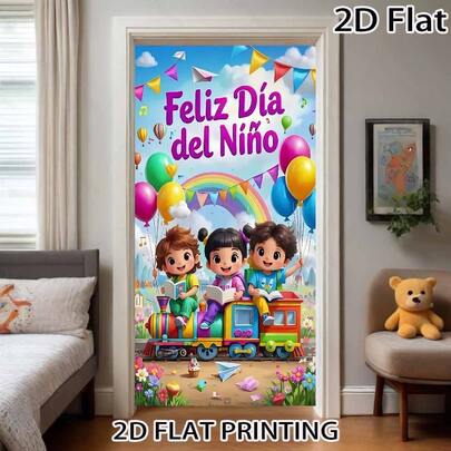 1 pieza Pancarta de puerta para Día del Niño, diseño de tren y globos de dibujos animados, sin necesidad de electricidad, decoración de entrada interior/exterior, decoración para celebraciones de todo el año (cumpleaños, boda, comunión), decoración para reuniones alegres, resistente a la intemperie, fondo festivo, ocasión festiva, decoración interior de temporada, decoración de boda