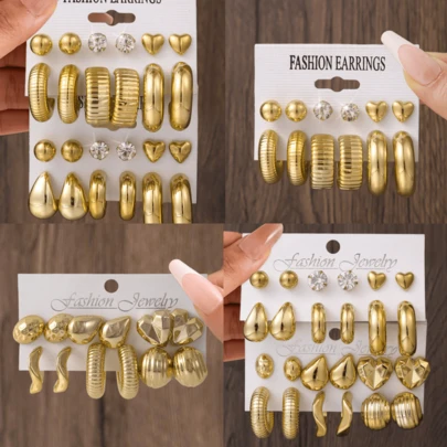 24Pcs/12Pcs Women's Geometric Hoop Earrings Set, Elegant Minimalist Style With Heart/Water Drop/C-Shape/Spherical Designs, Shiny Rhinestone Inlaid, Versatile For Daily/Party/Dating/Vacation