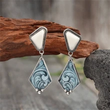 一对波西米亚复古菱形波浪纹吊坠耳环，时尚首饰，女士婚礼派对礼物 - 復古銀色 - 查看 2