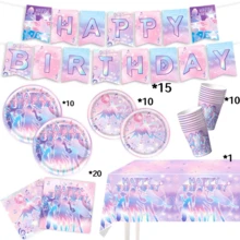Mattel 96pcs K-Pop Birthday Party Supplies Set - Includes A Complete Set Of Disposable Tableware, With Banner, 108"X54" Tablecloth, 9" And 7" Plates, Cups, Cutlery And Napkins, In A Music-Themed Pink And Purple Color Scheme.