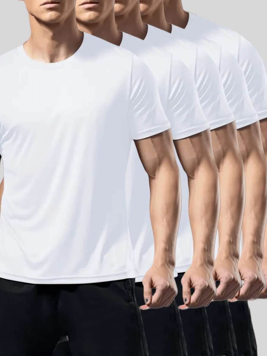 5pcs/Set Men's Solid Color Ultra-Light Round Neck T-Shirts - Quick Dry, Breathable, Moisture Wicking Shirts, Suitable For Gym, Fitness And Running, Lightweight & Comfortable, Workout Training Quick Dry Short Sleeve