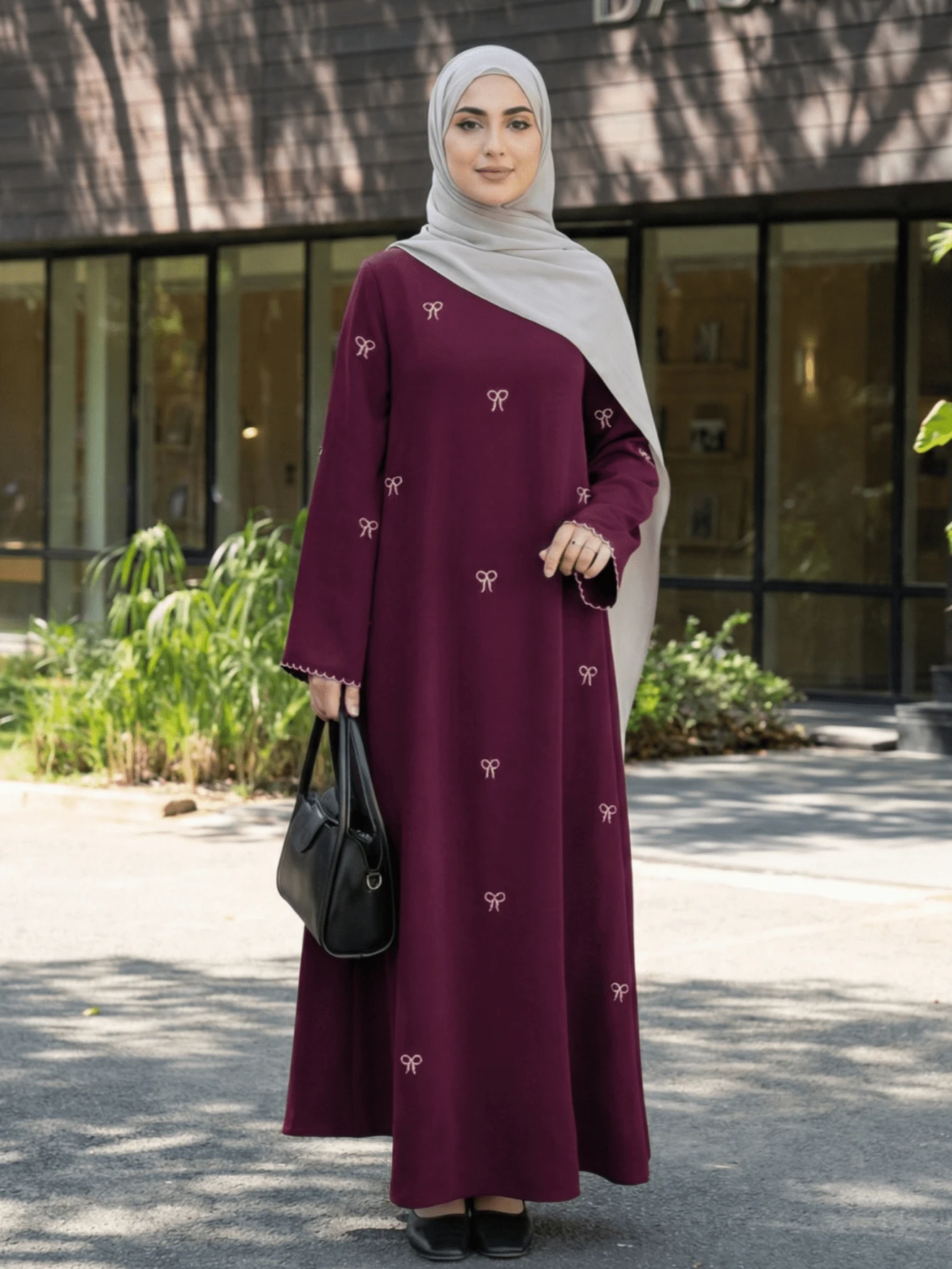 OENY | Đầm Kaftan dài bằng chiffon thanh lịch dành cho nữ, tay dài, được trang trí bằng họa tiết nơ thêu tinh tế, kiểu dáng cổ tròn giản dị, thích hợp cho kỳ nghỉ xuân. - Màu Đỏ Sâu - Xem 1