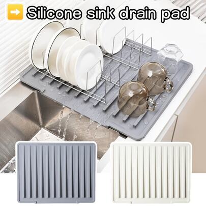 1pc - Large Silicone Dish Drying Mat, 15.75x11.81 Inches, Built-In Drainage Design, Dish Rack & Space Saving Organizer, Easy To Clean, Black & Gray For Fridge, Stove, Sink (Modern Kitchen), Minimalist Design, Non-Slip Surface, Countertop Protector, Essential For Home Cooking