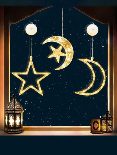 3pcs LED Moon & Star Warm Light Suction Cup Wall Lamp, Window Decor, Holiday Atmosphere Light, Suitable For Festivals, Parties, Valentine's Day Romantic Ambiance Lighting