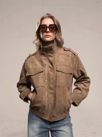 HZXVIC מעיל אופנוע עם צווארון עומד ושרוולים ארוכים בסגנון רחוב צרפתי לסתיו לנשים, מעיל מרקם זמש מזדמן רופף