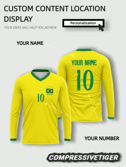 Customized Brazil 2026 World Cup Football Long Sleeve Jersey: Bright Yellow, Decorated With The Brazilian National Flag. Perfectly Showcases Your Love For Brazilian Football. We Offer Full Customization Service - Add Your Name, Favorite Number, Or Unique Design Elements. Made Of High-Quality Breathable Fabric. Wear This Personalized Jersey To Show Your Respect For The Glorious History Of Brazilian Football. Great Gift For Boyfriend Or Football Fans.