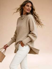 Women's Mock Neck Chunky Knit Sweater, Oversized Textured Multi-Color Pullover, Cozy & Stylish Spring Essential, Elegant Side Split Long Sleeve Jumper, Casual Spring Knit Top, Transitional Layer Piece, Perfect For New Year & Valentine's Day - 杏色(升級款) - 查看 2