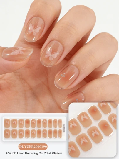 Cured Gel Nail Strips , Clear Base, 20 Pcs Gel Nail Wraps, Stickers, UV Light Required, Salon Quality, Long Lasting,ES20 Cross-Border Wholesale Drop Shipping Red Book Same Style Nail Stickers Nail Stickers For Fingertips Nails Nail Supplies