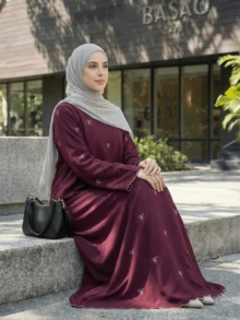 OENY | Đầm Kaftan dài bằng chiffon thanh lịch dành cho nữ, tay dài, được trang trí bằng họa tiết nơ thêu tinh tế, kiểu dáng cổ tròn giản dị, thích hợp cho kỳ nghỉ xuân. - Màu Đỏ Sâu - Xem 3