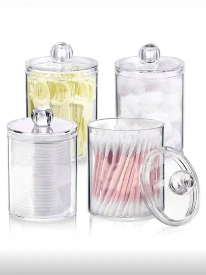 4/2/1件装棉签收纳盒，适用于化妆棉牙签，浴室清洁棒收纳罐，化妆品收纳盒，透明塑料药罐带盖