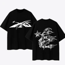 Unisex Black Oversized T-Shirt, "X" Logo + Mechanical Bone Graffiti Print, Dark Chaozhou Cyberpunk Street Style - màu đen - Xem 1
