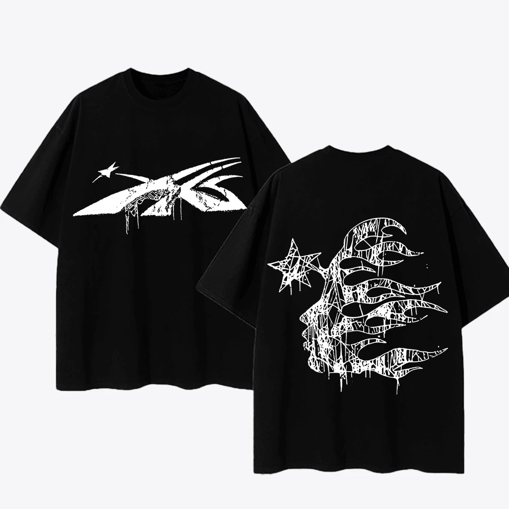Unisex Black Oversized T-Shirt, "X" Logo + Mechanical Bone Graffiti Print, Dark Chaozhou Cyberpunk Street Style - màu đen - Xem 1