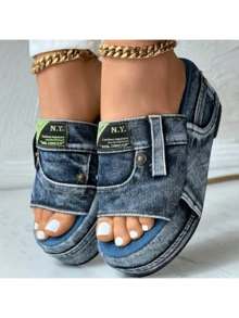 Women's Fashion Thick Bottom Wedge Asymmetrical Color Sandals/Open Toe Non-Slip Slippers/Outdoor Sports Casual Comfortable Versatile Slides - Blue - View 1