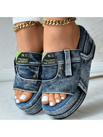 Sandalias de cuña con suela gruesa y color asimétrico, sandalias abiertas antideslizantes, cómodas y versátiles para uso deportivo y casual al aire libre