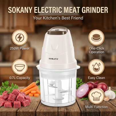  SOKANY 06009 0.7L Household Multifunctional Food Processor, Meat Grinder, Vegetable Chopper, With 2 Bowls, 3 Stainless Steel Blades, Suitable For Meat, Vegetables, Baby Food, Home Cooking, Pet Food