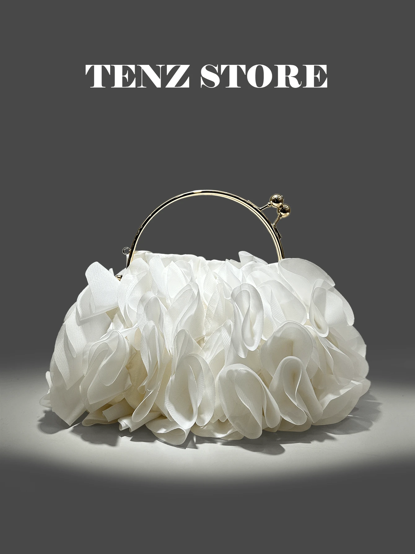 White Petal Handbag, Chiffon Ruffle Floral Decor, Gold Handle And Chain Strap, Fits ProMax Phone, Suitable For Bride, Wedding, Prom, Graduation, Cocktail Party, Formal Dinner, Spring Gala And Holiday Party