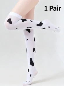 1 Pair - Women's Thigh High Socks, Cow & Sheep Print, Cosplay Stockings, Cute Cow Spot Print Pantyhose, Sexy Cow Spotted Over-The-Knee Socks, Animal Series Thigh High Socks - White - View 9