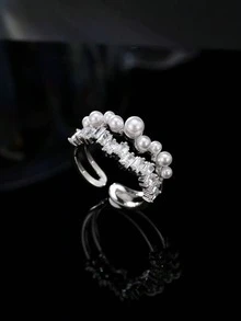 1pc Luxury Exquisite Niche High-End Copper Material Full Diamond Faux Pearl Ring, Suitable For Young Girls, Valentine's Day, Daily Wear, Festivals - Silver - View 5