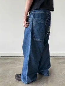 Men's Fashion Street Style Large Pocket Casual American Loose Wide Leg Comfortable Skull Embroidered Denim Jeans, Autumn/Winter - Medium Wash - View 4