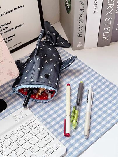 Cute Shark Shaped Zipper Pencil Case - Featuring Cartoon Design, Zipper Closure, Durable Fabric Material, Realistic Shark-Shaped Opening, Can Be Used To Store School Supplies, Office Supplies, Art Supplies, Etc. Large Capacity Design, Worry-Free Use, Suitable For Students During Back-To-School Season.