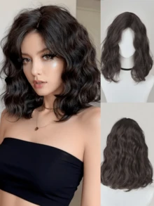 16 Inch Shoulder Length Wavy Curly Wig, Medium Length Wig, Layered Bangs Wig, Heat Resistant Synthetic Fiber Wig, Versatile Daily Wear - Multicolor - View 11