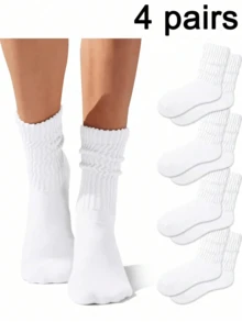 1/4 Pair Mid-Calf Socks, Multi-Pack Thick Sports Socks, Retro Loose Socks, Mid-Calf Ribbed Socks - White - View 1