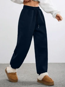 女士户外保暖内衬慢跑裤，适合秋冬季休闲穿着，保暖舒适，抵御寒冷天气 - 藏蓝色 - 查看 8