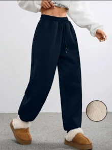 女士户外保暖内衬慢跑裤，适合秋冬季休闲穿着，保暖舒适，抵御寒冷天气 - 藏蓝色 - 查看 5