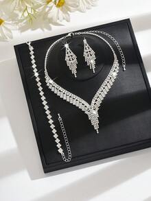Conjunto de joias para noivas com 3 peças | Colar com pingente de cristal em formato de V, brincos e pulseira | Material: Cobre | Acessórios para festas e ocasiões formais (Ideal para o Dia dos Namorados/Dia das Mães) - Multicolorido - Ver 12