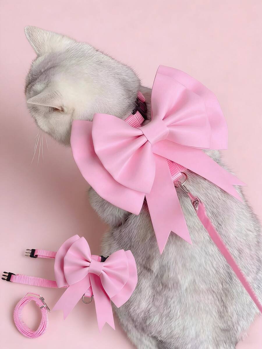 Extra Large Bow Pet Harness Leash, Escape Proof Walking Chest Strap For Small Dogs & Cats - Pink - View 1