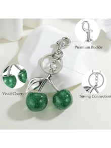 1个樱桃造型钥匙扣包饰 - 汽车樱桃配饰钥匙圈，女士圣诞节/情人节礼物（尺寸：4.3英寸/10.92厘米 x 2.6英寸/6.6厘米，樱桃尺寸：1.18英寸/3厘米） - 銀色+綠 - 查看 7