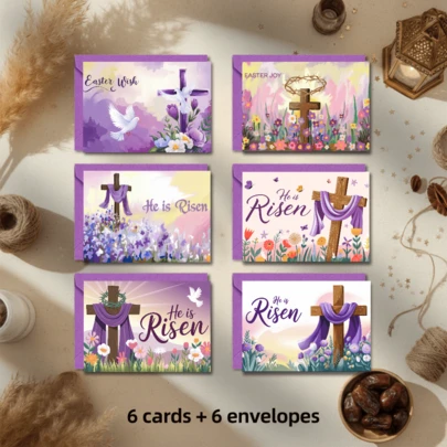 1/6Pcs Religious Easter Cards With Envelopes Set, "He Is Risen" Christian Cross & Lilac Floral Greeting Cards, Watercolor Spring Resurrection Sunday Blessing Cards For Church, Family & Friends