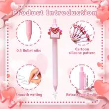 6支粉色气球蝴蝶结造型高档按压式黑色速干笔刷，适合练习，书写流畅，学生中性笔，办公学习用品，新年情人节礼物 - 彩色 - 查看 3