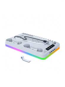 GAMINJA RGB-belysningskylningsställ för skiv-/digitalredigeringskonsol, inkluderar dubbel laddningsbas för handkontroll, kylfläkt, fjärrkontroll-/spelskivlagring, USB-hubb och hörlurskrok - Uppgraderad version - vit - Visa 8