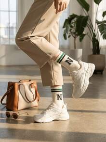 1pair Women's White Fashionable Retro Sport Mid-Calf Socks With Letter Print, Fall - White - View 7